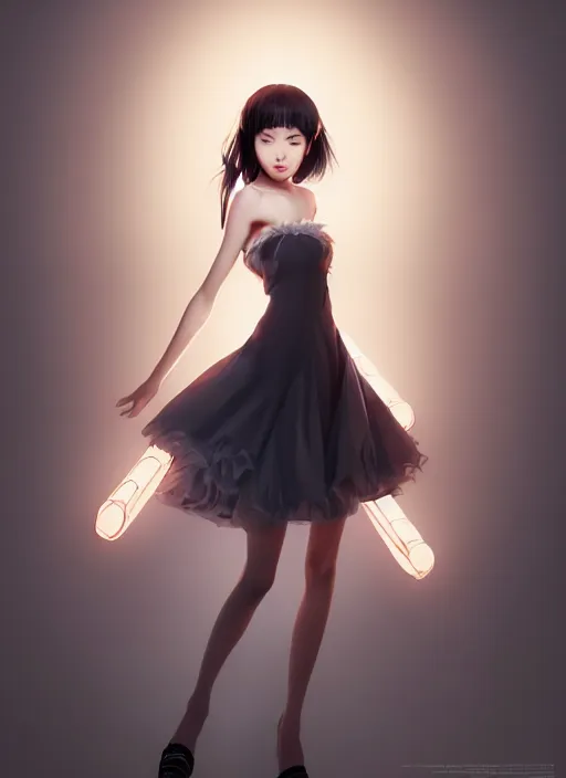 Prompt: beautiful fashion chinese girl like animation, strapless dress, character portrait in the style of thomas river and artgerm, wlop, cinematic lighting, hyperdetailed, 8 k realistic, symmetrical, global illumination, radiant light, halo, love and mercy, frostbite 3 engine, cryengine, dof, trending on artstation, digital art, chanel