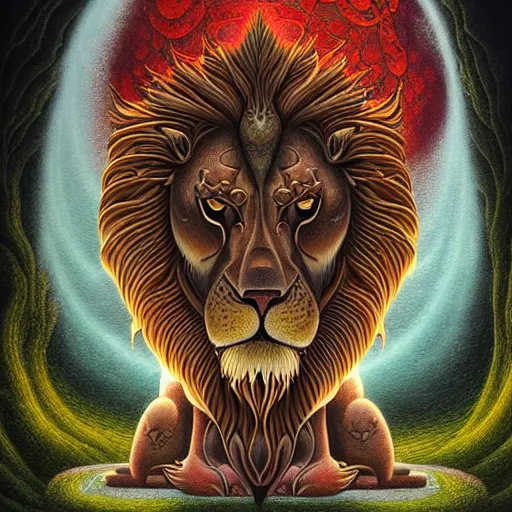 Prompt: an anthromorphic lion meditating in a zen garden with a waterfall under the blood moon, by Adi granov and afarin sajedi and amanda sage and evgeni gordiets and Agostino Arrivabene and adonna khare in a psychedelic portrait style, ultrarealistic matte painting, volumetric lighting, fractal, extremely symmetrical, highly detailed face, orisha, 8k, hd