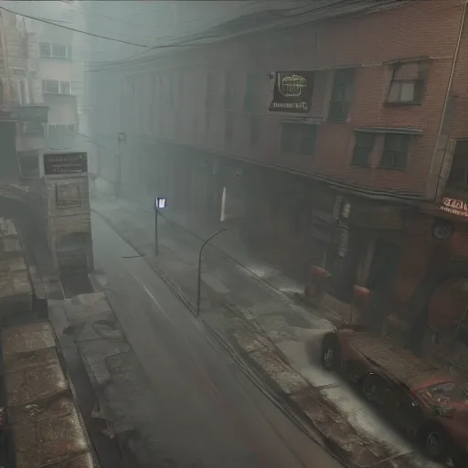 Image similar to playstation 5 screenshot of silent hill, overhead view, crazy high definition, beautiful matte painting