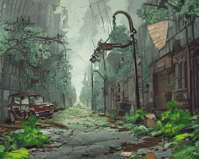 Image similar to the abandoned streets of the overgrown city in the style of decopunk/crystalpunk