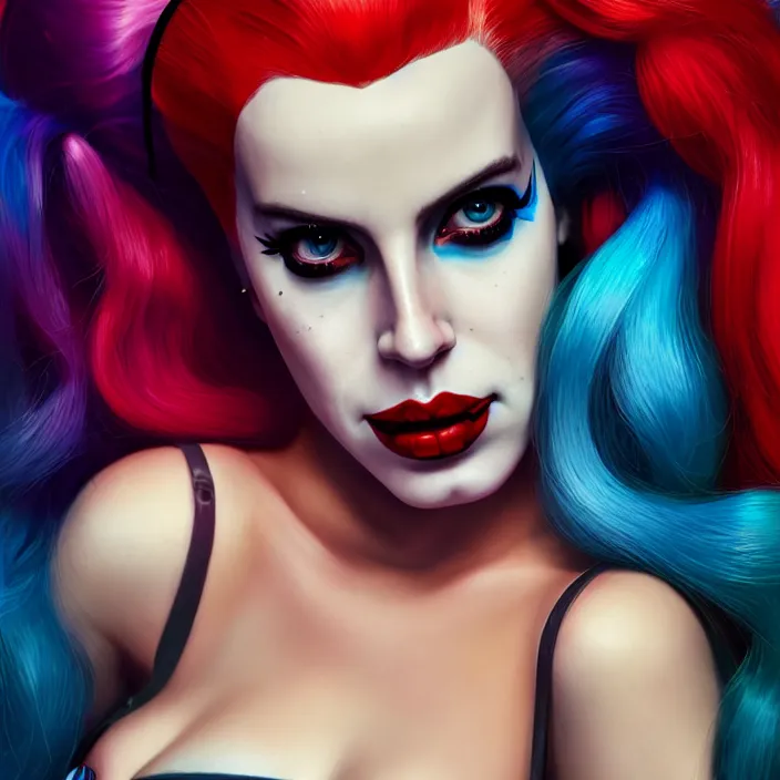 Image similar to portrait of lana del ray as a harley quinn. intricate abstract. intricate artwork. smooth. by Tooth Wu, wlop, beeple, dan mumford. octane render, trending on artstation, greg rutkowski very coherent symmetrical artwork. cinematic, hyper realism, high detail, octane render, 8k, iridescent accents