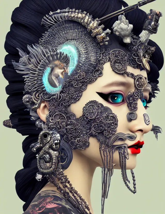 Image similar to 3 d goddess close - up profile portrait punk with mohawk in victorian style with ram skull. beautiful intricately detailed japanese crow kitsune mask and clasical japanese kimono. betta fish, jellyfish phoenix, bio luminescent, plasma, ice, water, wind, creature, artwork by tooth wu and wlop and beeple and greg rutkowski