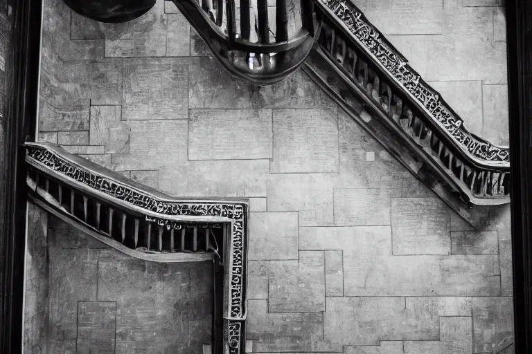 Prompt: Hogwarts stairwell, looking down from above,black and white.