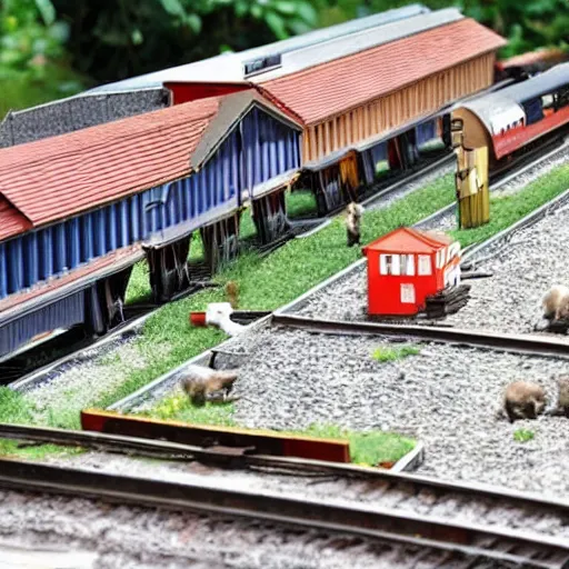 Image similar to a huge model railroad being attacked by cats,