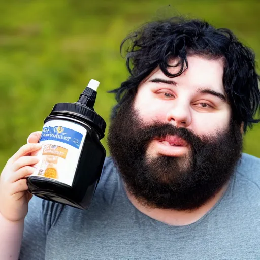 Prompt: obese 20 year old with messy black hair and big beard drinking mayonnaise from the jar