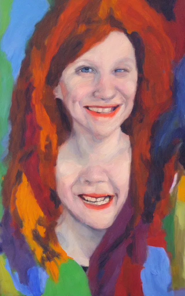 Image similar to portrait of gwynplaine freakish grin, award winning oil painting, sharp color palette