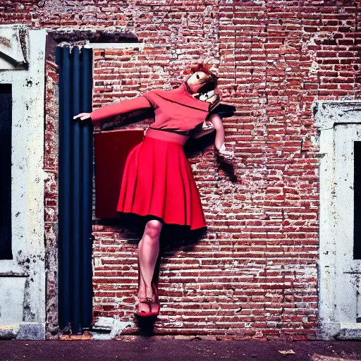 Prompt: fashion photo natasha karsavina nata lee breaking through a brick wall like the kool - aid man