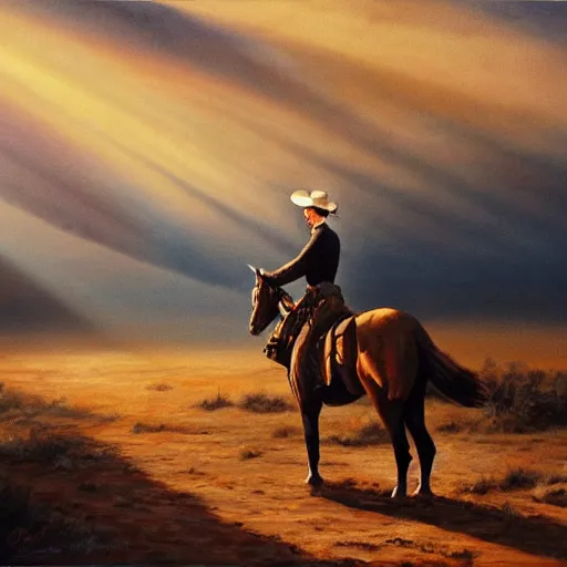 Image similar to oil painting of cowboy clint eastwood in american frontier landscape, western town, dusty street, sunrays, dramatic, very very very beautiful art