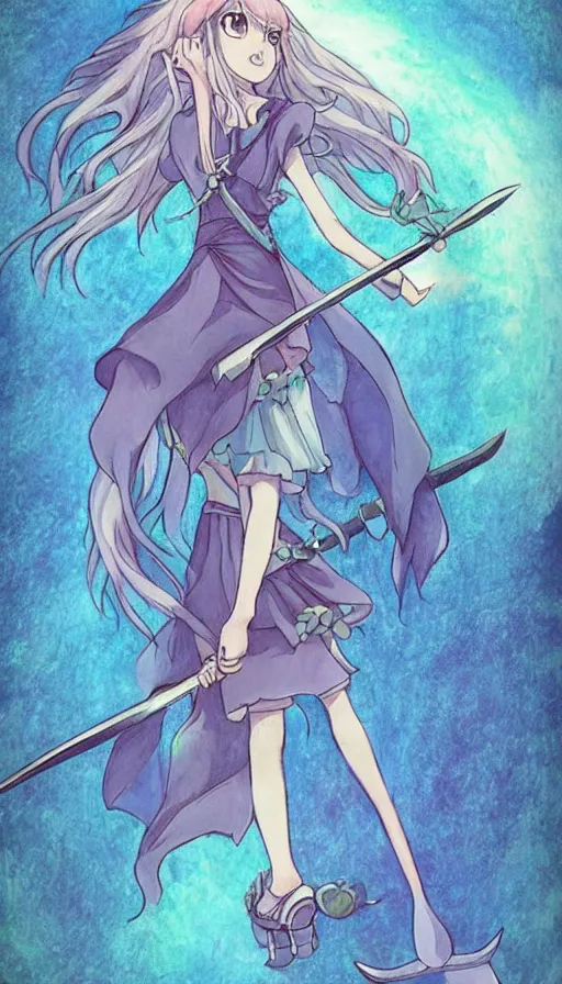 Image similar to a beautiful link drawing of the being death as a cute anime girl with a giant scythe from a studio ghibli film inspired by the death tarot card, dark vibes, pastel colors, cosmic, high quality