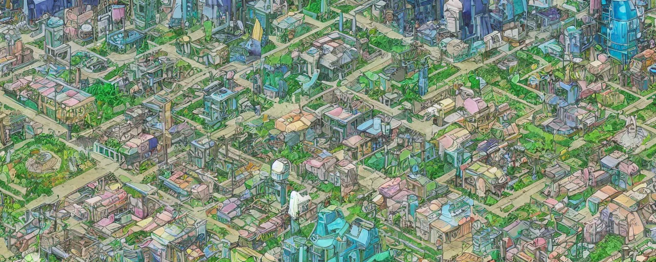 Image similar to a solarpunk city in the style of studio ghibli