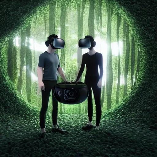 Image similar to duo playing music using futuristic VR headset instruments in a forest, in the style of artgerm, Ryoji Ikeda, Riyoko Ikeda, 3d render, artstation trending, 8k, photorealistic, sharp detail