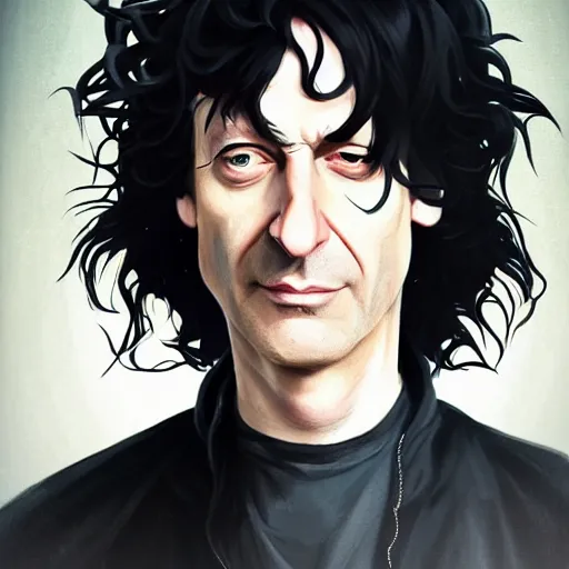 Image similar to closeup portrait of Neil Gaiman as The Sandman, pale skin, long black leather jacket, unruly hair, ambient lighting, 4k, anime key visual, lois van baarle, ilya kuvshinov, rossdraws, artstation