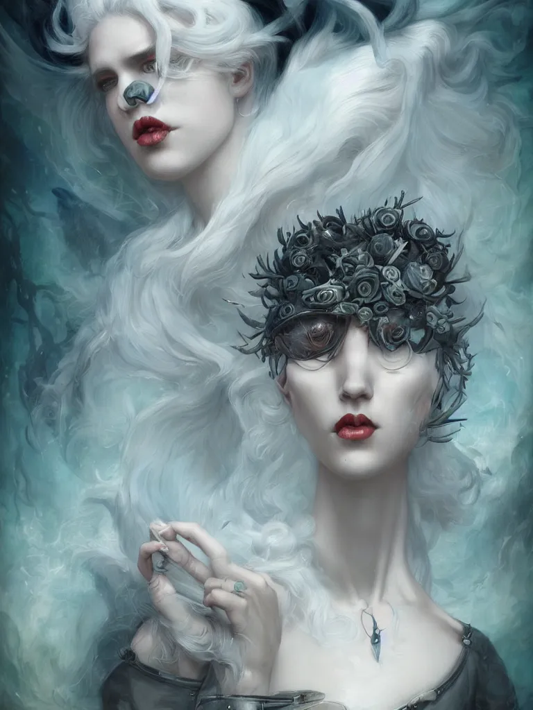 Image similar to a seapunk portrait of a harpy with shadowy eyes and bonewhite hair, with black glossy lips, hyperrealistic, award-winning, masterpiece, in the style of Tom Bagshaw, Cedric Peyravernay, Peter Mohrbacher