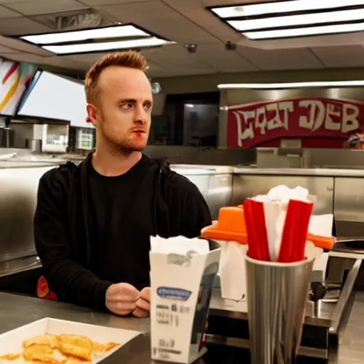 Prompt: photo of jesse pinkman working at a fast food place