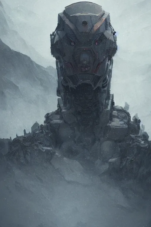 Image similar to a detailed portrait of a giant mechanical humanoid in the mountains by Greg Rutkowski, Sung Choi, Mitchell Mohrhauser, Maciej Kuciara, Johnson Ting, Maxim Verehin, Peter Konig, final fantasy, Marco lense , 8k photorealistic, cinematic lighting, HD, high details, atmospheric , trending on artstation