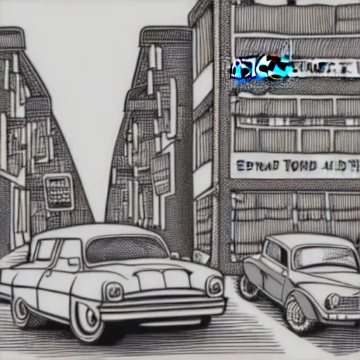 Prompt: book illustration of an old street with old cars, happy people, book illustration, monochromatic, white background, black and white image