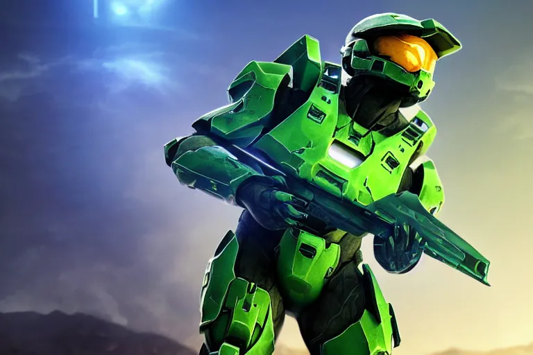 Image similar to halo master chief with a new neon rgb suit, photorealistic, 8 k, cinematic