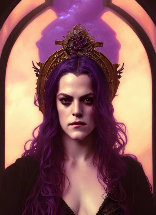 Prompt: portrait of riley keough as a vampire queen, jewelry, greek, purple, intricate, headshot, highly detailed, digital painting, artstation, concept art, sharp focus, cinematic lighting, illustration, art by artgerm and greg rutkowski, alphonse mucha, cgsociety