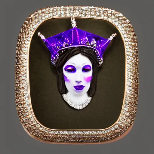 Prompt: portrait transformer with white face, purple crown, diamond shaped gem in the forhead, depth of field