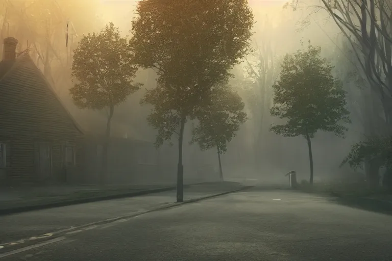 Image similar to street both sides lined with haunted houses, photo realistic octane render, volumetric lighting, magic fog, sunlight through the trees cinematic, hyperrealistic, fog, cinematic lighting, volumetric lighting, tranquillity, hyper detailed, enhanced hd, ultra view, 8 k