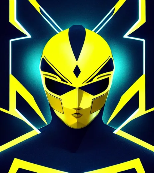 Image similar to symmetry!! yellow ranger, lightning - bolt - shaped helmet!!, hard edges, product render retro - futuristic poster scifi, lasers and neon circuits, yellow ranger, thunder, lightning element, intricate, elegant, highly detailed, digital painting, artstation, concept art, smooth, sharp focus, illustration, dreamlike, art by artgerm