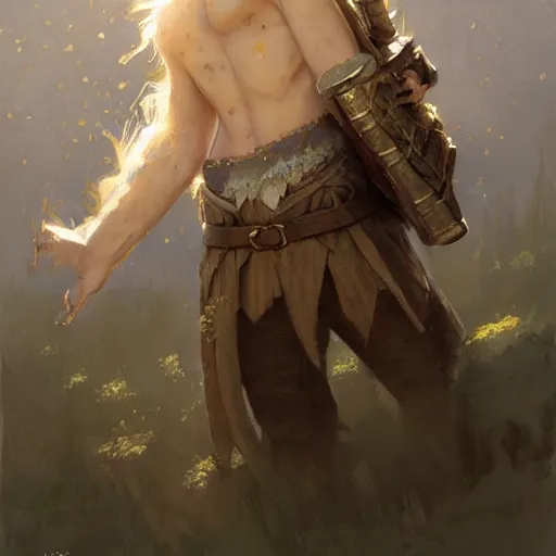 Image similar to elf fairy blonde male with a beautiful face, with a loot on their back, wearing a cardigan, highly detailed, intricate, digital painting, artstation, sharp focus, illustration, art by jakub rozalski, greg rutkowski, artgerm, tan zi and ayanamikodon and alphonse mucha and wlop