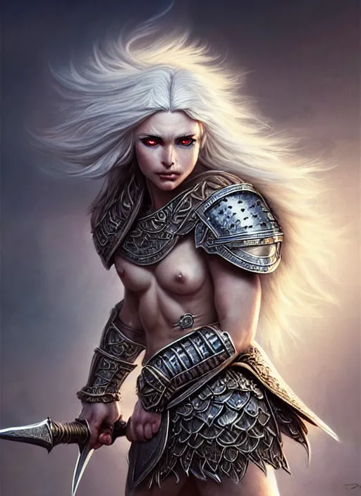 Prompt: barbarian, plated armor!!! long wild white hair!! fantasy, d & d, intricate ornate details, digital painting, beautiful eyes!, pretty face!!, symmetry, concept art, sharp focus, illustration, art by artgerm! greg rutkowski magali villeneuve wlop! ilya kuvshinov!!, octane render