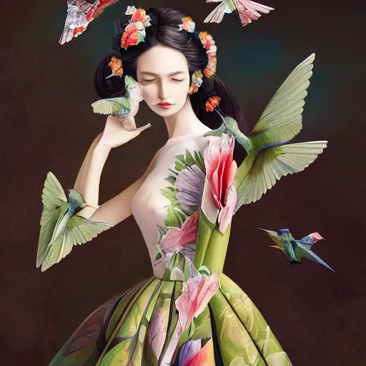 Prompt: 3 / 4 view of a beautiful girl wearing an origami dress, hummingbirds, elegant, by esao andrews, by eiko ishioka, givenchy, by peter mohrbacher, centered, floral ornamentic on cloth and hair, detailed beautiful face, high depth of field, origami, detailed fashion illustration, vogue, japanese, reallusion character creator