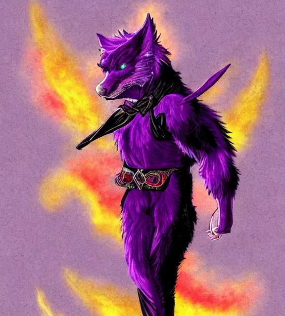 Image similar to ( with a glowing rainbow tail ) a purple wolfbat fursona ( from the furry fandom ) wearing an eyepatch, he is travelling through a shadowy city, an affable devil among demons, neo - noir tone of max payne, style of purple rain album cover ( by prince ), dark colors