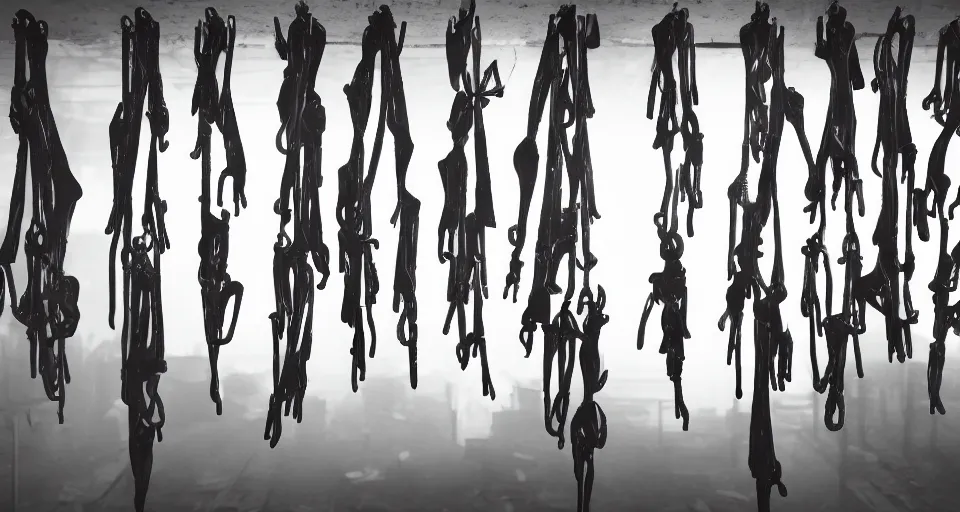 Prompt: illustration of rows of limp bodies hanging on hooks in a cold warehouse, products, rolling fog, cyberpunk, dystopian, dramatic lighting, unreal engine 5