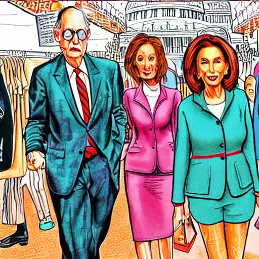 Image similar to The Artwork of R. Crumb and his Cheap Suit Mitch McConnell and Nancy Pelosi go shopping, pencil and colored marker artwork, trailer-trash lifestyle