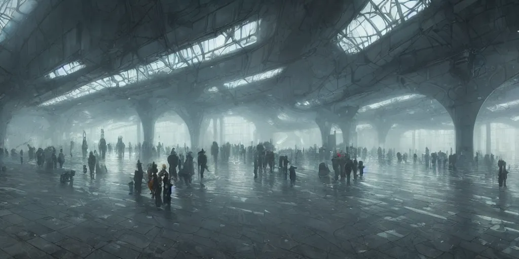Prompt: futuristic train station by greg rutkowski and ruan jia, washed colors, dark, moody, gloomy, foggy,