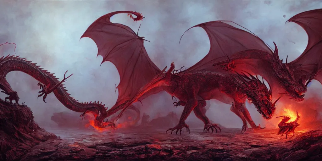 Image similar to realistic painting of a dragon eating its own heart, post - war scenery, red - toned mist, epic environment, skeletons, ultra wide angle, 8 k, ultra _ realistic, art by nills ham and alan lee