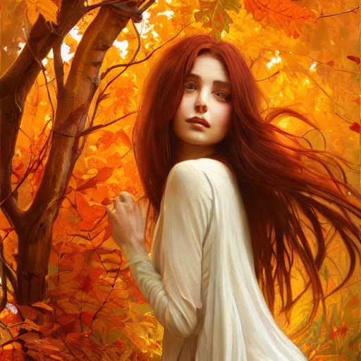 Prompt: girl with super long hair, hair becoming autumn red leaves, intricate, digital painting, artstation, concept art, smooth, sharp focus, illustration, 8 k, art by artgerm and greg rutkowski and alphonse mucha