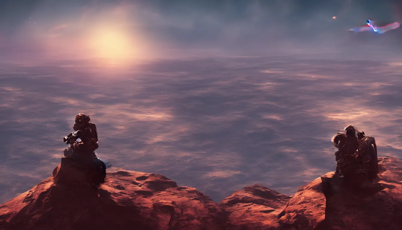 Prompt: lone cyberpunk astronaut sat on top of a mountain looking at the horizon of a unknown planet, close shot, sunset, cinematic, epic, dark scenario, 8k, award winning