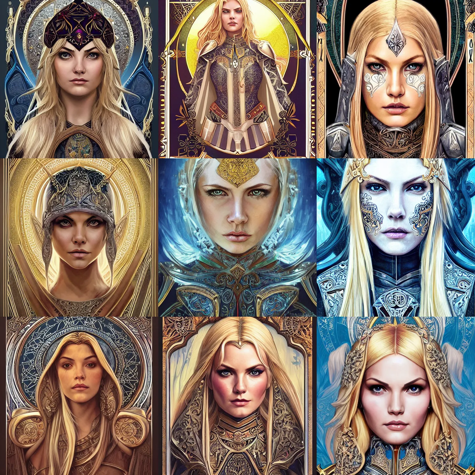Prompt: head-on symmetrical centered painted portrait, Mais Hamdan and Elisha Cuthbert as a paladin, blonde hair, ornate iron armour, art nouveau, tarot card style, fantasy, intricate, elegant, highly detailed, smooth, sharp focus, illustration, artstation, in the style of Artgerm and Anna Podedworna and Alex Ross and Mucha