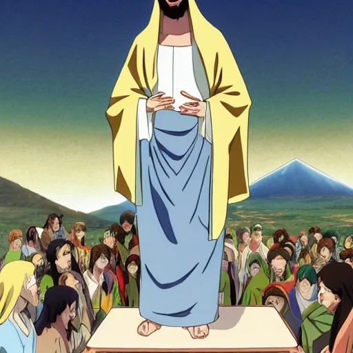 Prompt: Jesus giving the Sermon on the Mount, anime style.