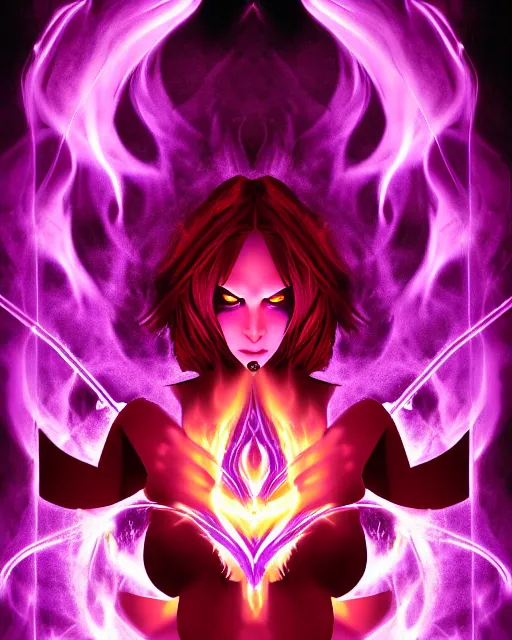 Image similar to pyromancer devil girl cover in purple death flames, deep pyro colors, purple laser lighting, award winning photograph, radiant flares, intricate, various refining methods, micro macro autofocus, evil realm magic painting vibes