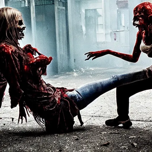 Image similar to horror movie still of two zombie woman fighting,