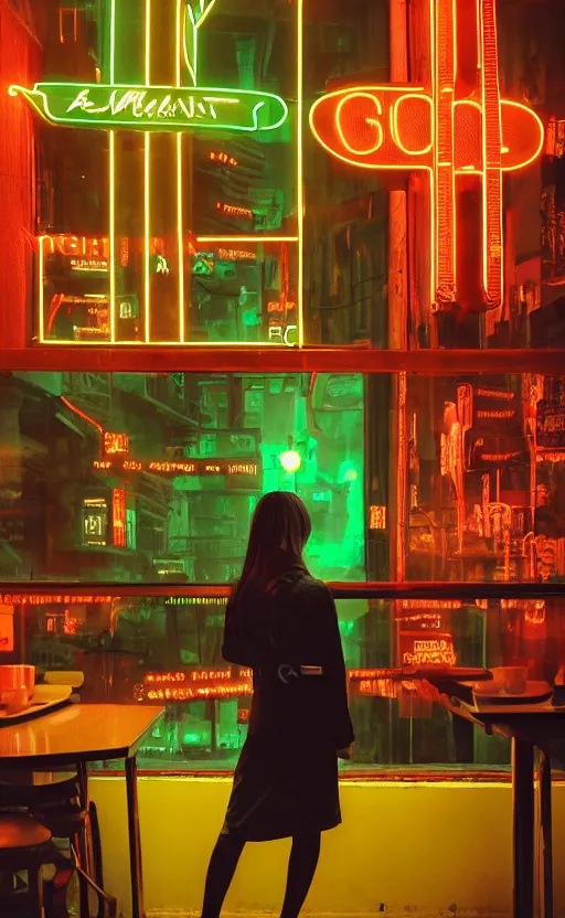 Image similar to vertical movie frame portrait of girl in 5 0's retro restaurant interior, neon - decorated urban on night in the city seen through the window, modern interior design, architectural design, vintage, night blade runner, dark, postapocalyptic, clean lines, 4 k, octane, asian futuristic city at distance, big windows, octane, wide angle