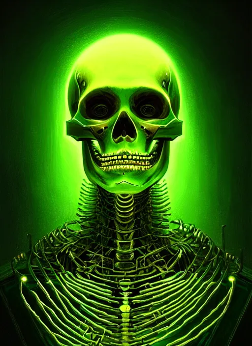 Prompt: portrait of a cyber skeleton, writing ancient evil runes with glowing green ink in a grand ancient book, intricate, elegant, glowing lights, highly detailed, digital painting, artstation, concept art, smooth, sharp focus, illustration, art by wlop, mars ravelo and greg rutkowski