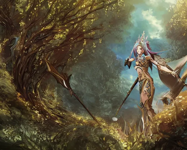 Image similar to an anime landscape of a knightly merfolk from magic the gathering wearing a ornate detailed armor garments and an atlantean crown, in a mystical forest from skyrim, by stanley artgerm lau, wlop, rossdraws, james jean, andrei riabovitchev, marc simonetti, and sakimichan, trending on artstation