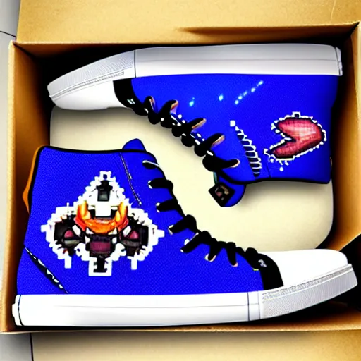 Image similar to fantasy jrpg sneaker design designed by capcom megaman, chrono trigger guilty gear sneaker styles, aztec mayan street fashion native punk sneaker design, focus on megaman hip hop sneaker design with subtle mayan patterns, trending on pixiv fanbox, painted by akira toriyama and studio ghibli princess mononoke megaman capcom