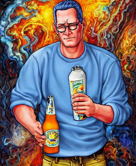 Image similar to hank hill wearing bluejeans and white tshirt, holding a beer, the god of propane, blue flames, propane tanks, magic realism, art by josephine wall, art by mike judge, art by huang guangjian, art by viktoria gavrilenko, art by amanda sage, trending on artstation