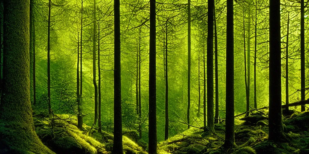 Image similar to lush north european mountainous broadleaf deciduous forest, against light, glare, bright details, contrasting, daylight, highly detailed, by dieter rams 1 9 9 0, national geographic magazine, reportage photo, natural colors