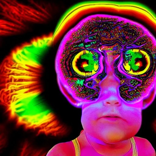 Prompt: psychedelic child with huge eyes hypnotized
