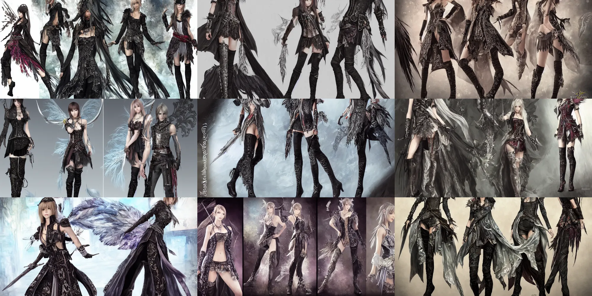 Prompt: Realistic, highly detailed character and fashion spot illustrations from the Final Fantasy 13 and Assassin's Creed Black Flag crossover, full-body, dynamic poses, diaphanous iridescent silks, knee-high boots, vests and corsets, bloom, god rays, cinematic lighting, intricate crystalline and feather jewelry, ornate, filigree, by Artgerm, by Sakimichan, by WLOP, by Alphonse Mucha, by Bouguereau, fantasy, portfolio illustration, highly detailed, trending on Artstation, CGsociety, rendered in Octane, rendered in Arnold, HQ, 8k, 35mm lens, f2.8, Bokeh,