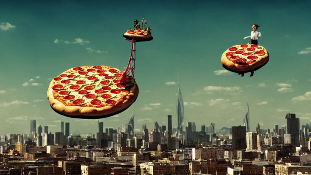 Image similar to the giant pizza floats the city, film still from the movie directed by denis villeneuve and david cronenberg with art direction by salvador dali and dr. seuss