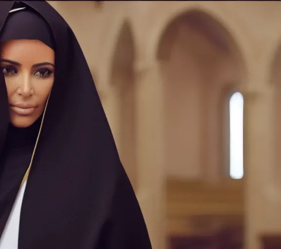 Prompt: a movie still of kim kardashian with a priest as a nun on the alter of a church.