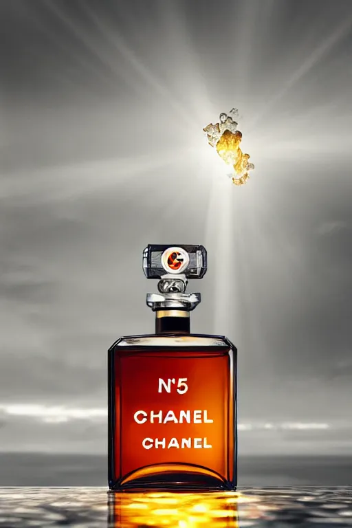 Prompt: Chanel no. 5 square bottle, levitating, over pool of liquid, inside cathedral, baroque, low shot, telephoto lens, dramatic, cinematic, glints of light, god rays, atmospheric, rendered in Unreal engine 5